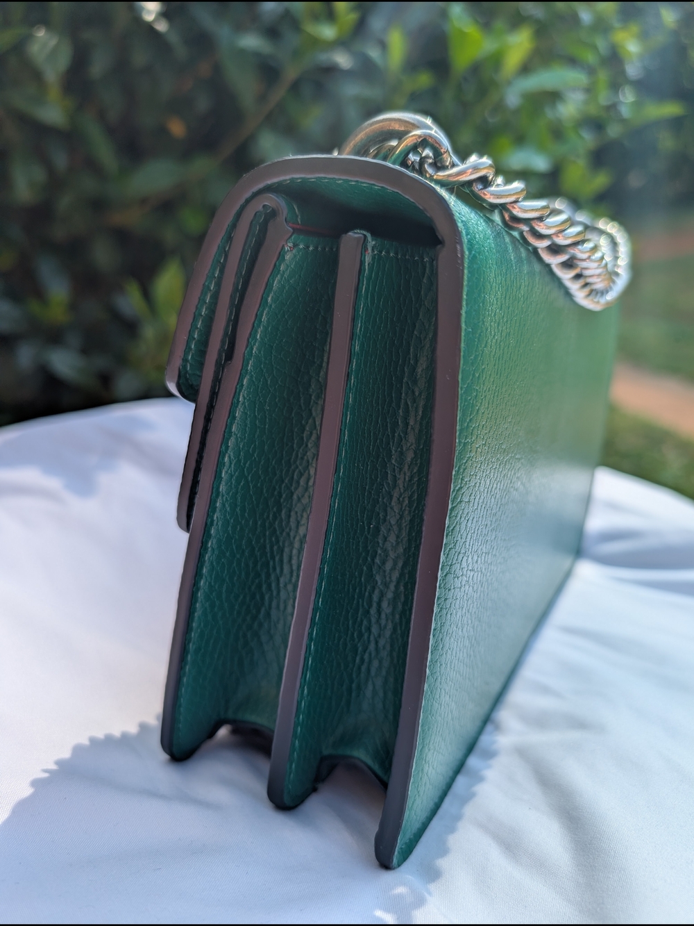Tiffany & Fred Paris Crested Dragon Emerald Green Leather Bag Silver Chain NWT - Picture 6 of 16